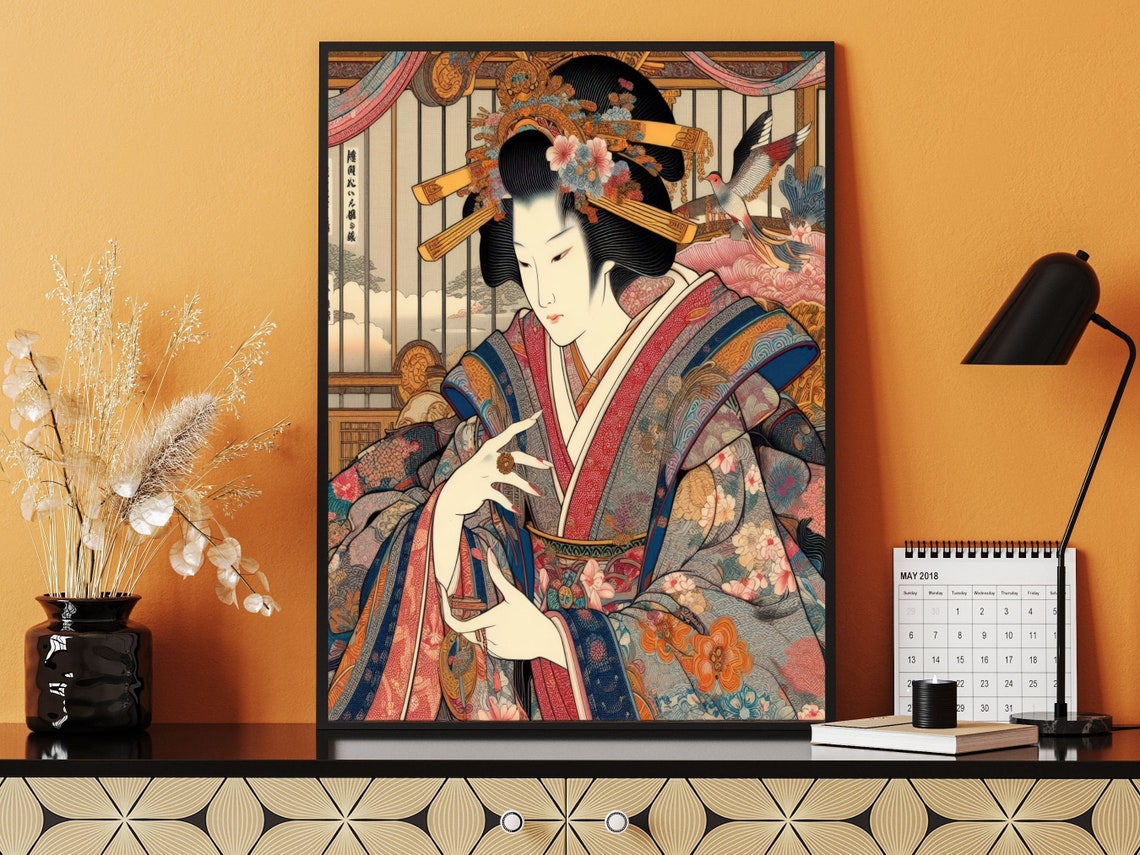 Japanese Courtesan in Floral Kimono, Traditional Ukiyo-E Style Poster - Image 2