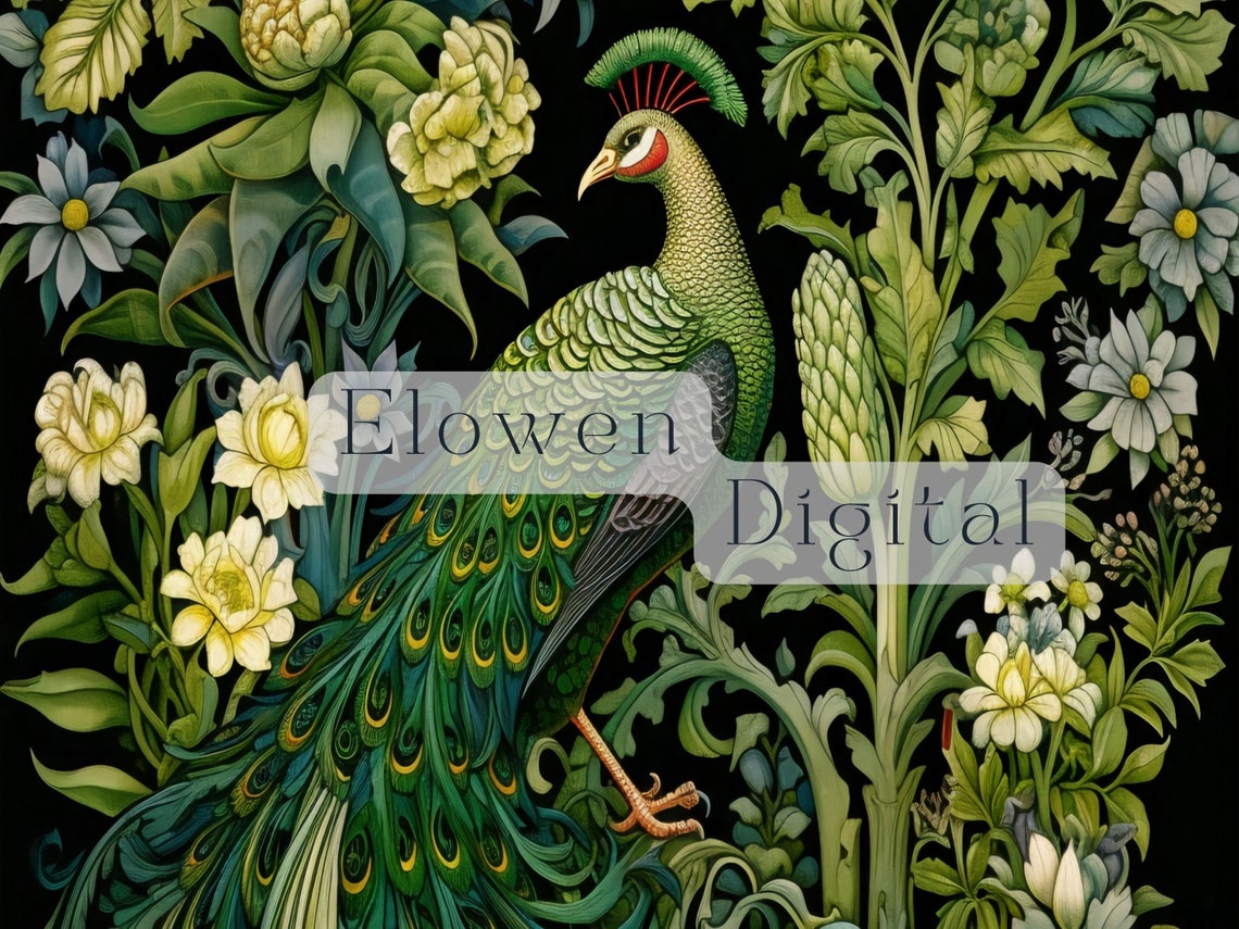 William Morris Style Peacock Emerald Garden Black Ground Wall Art - Image 4