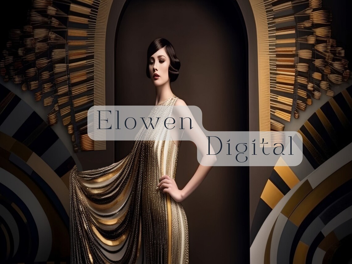 Art Deco Woman in Elegant Black and Gold Draped Gown With Headdress Poster - Image 3