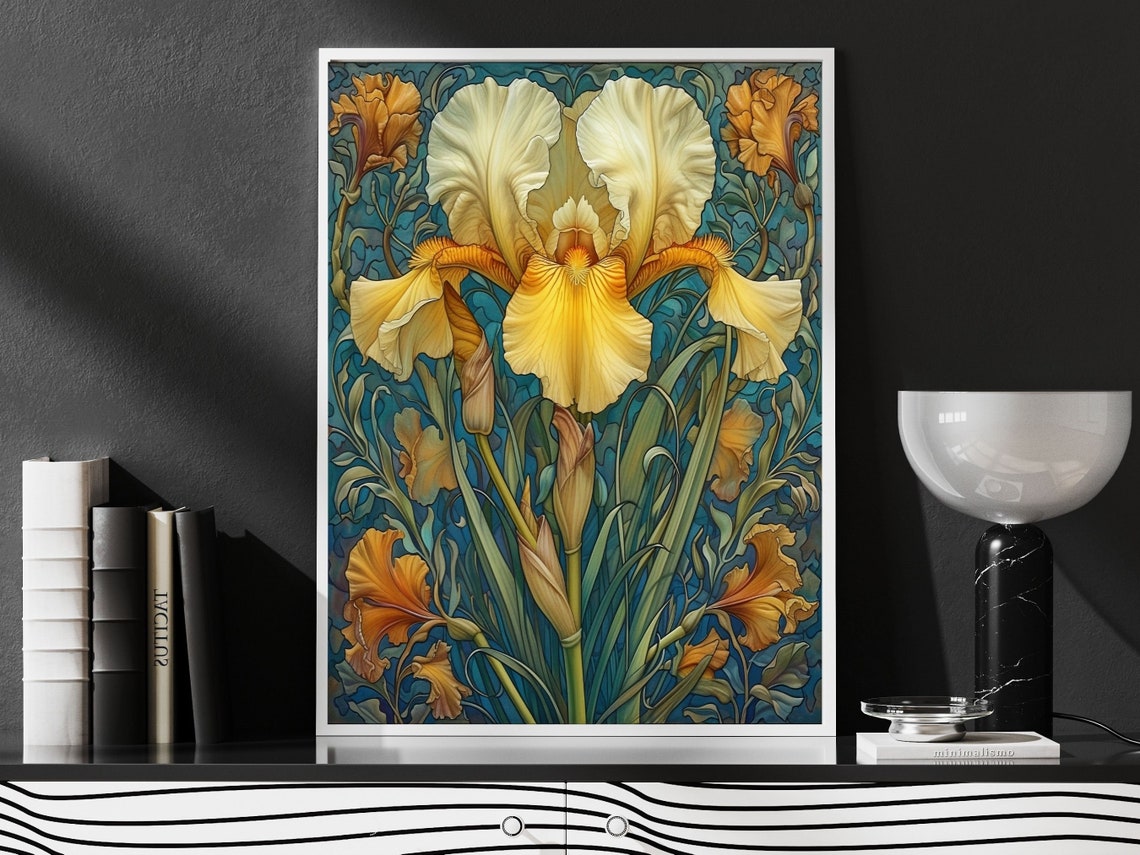Golden Yellow Bearded Iris Botanical Art Nouveau Floral Art Poster - Image 2