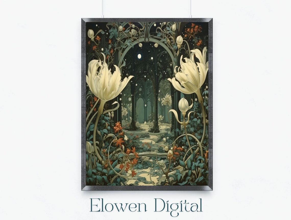 White Tulips by Moonlight in a Midnight Garden Archway Poster