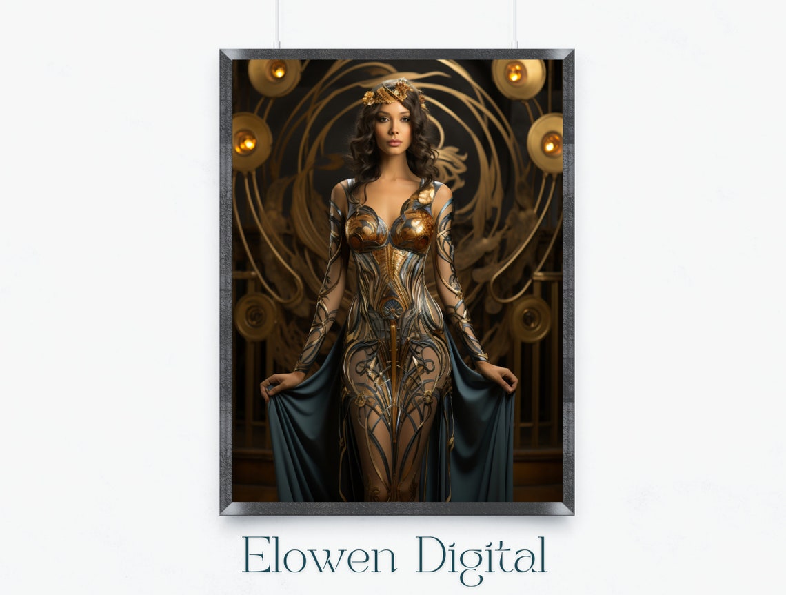 Erte Inspired Art Deco Woman Gold Gown Stage Portrait Wall Art