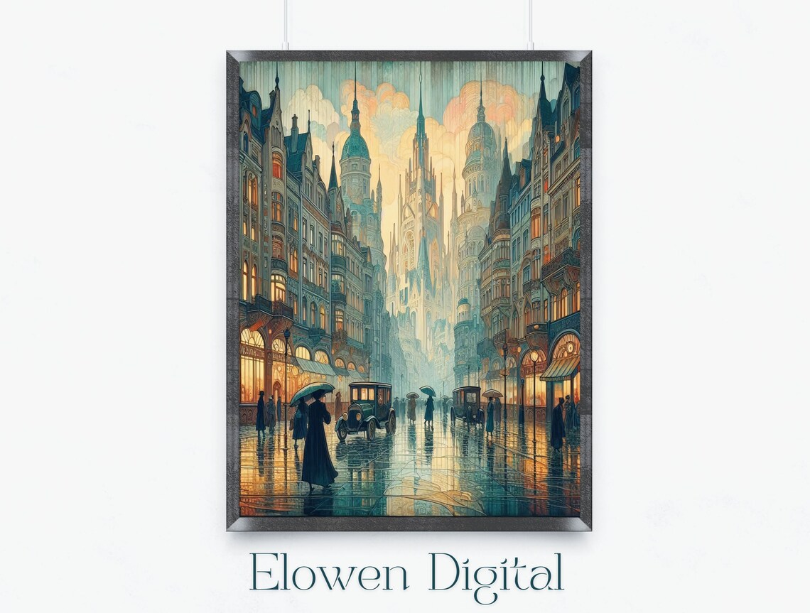 Art Nouveau Gothic City In The Rain With Three Spires Street Poster