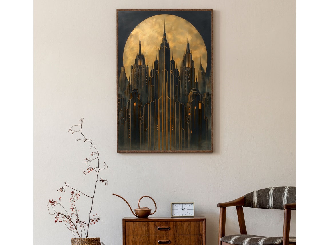 Dramatic Art Deco Skyscrapers At Night Under Golden Full Moon Poster - Image 4