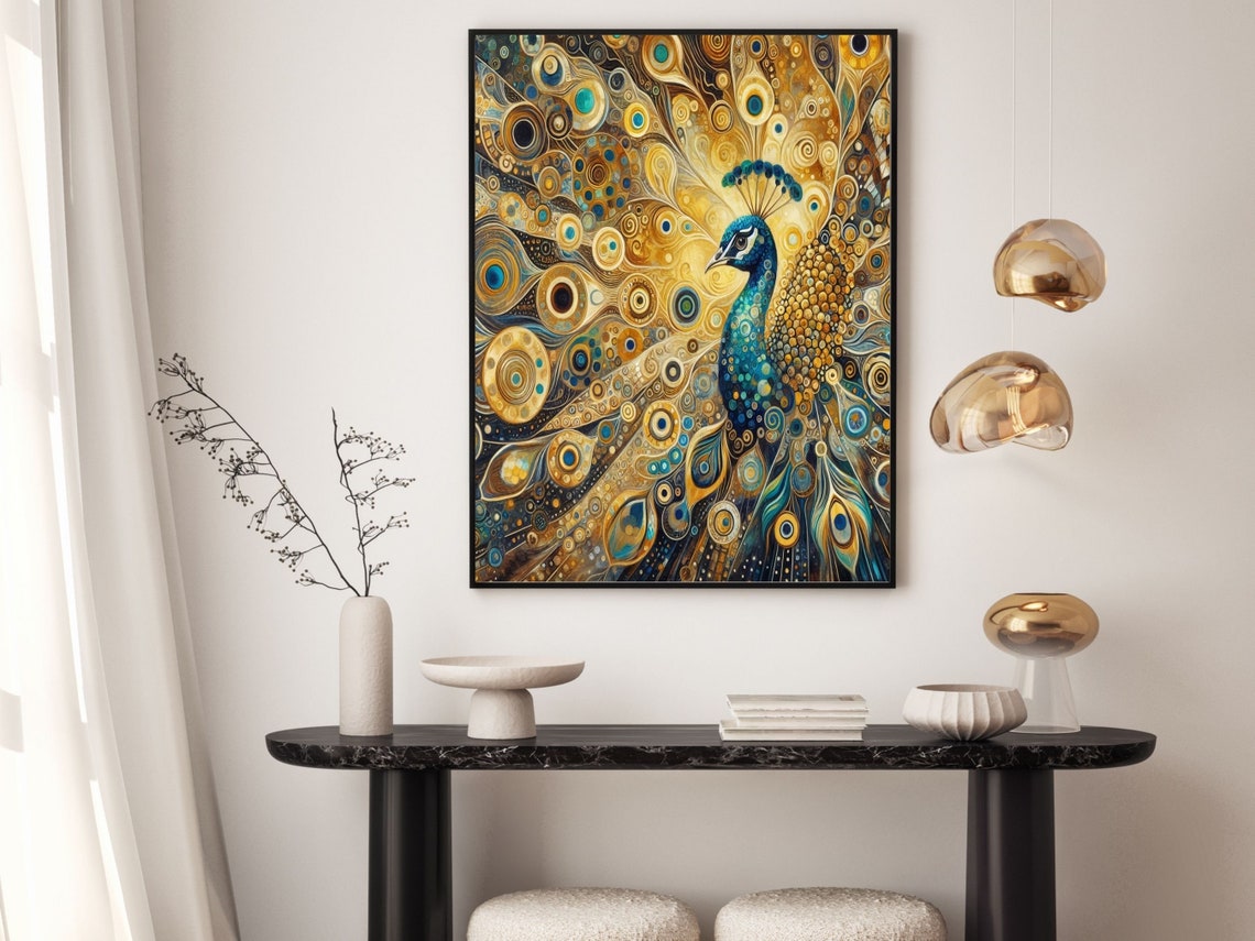 Golden Art Nouveau Peacock with Sapphire Blue Plumage Wall Poster - Image 6