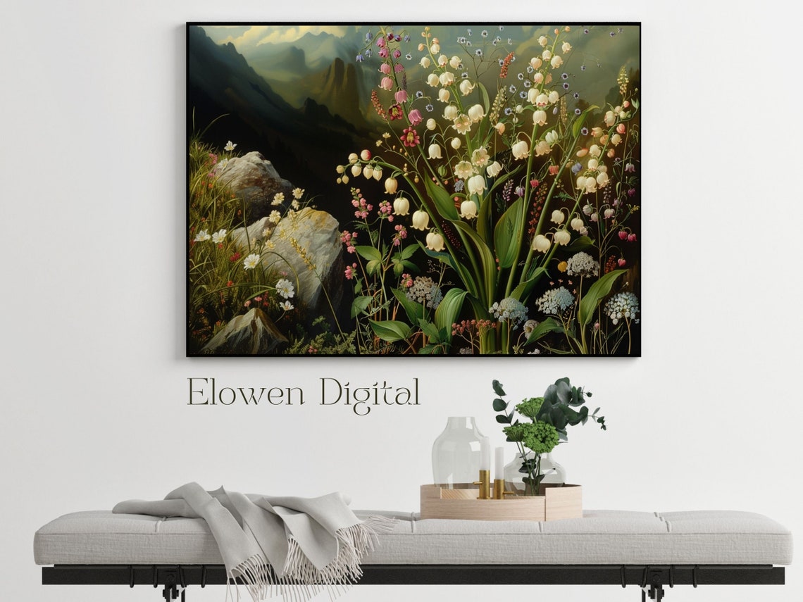 Lily of the Valley Wildflowers Before Misty Mountain Peaks Poster