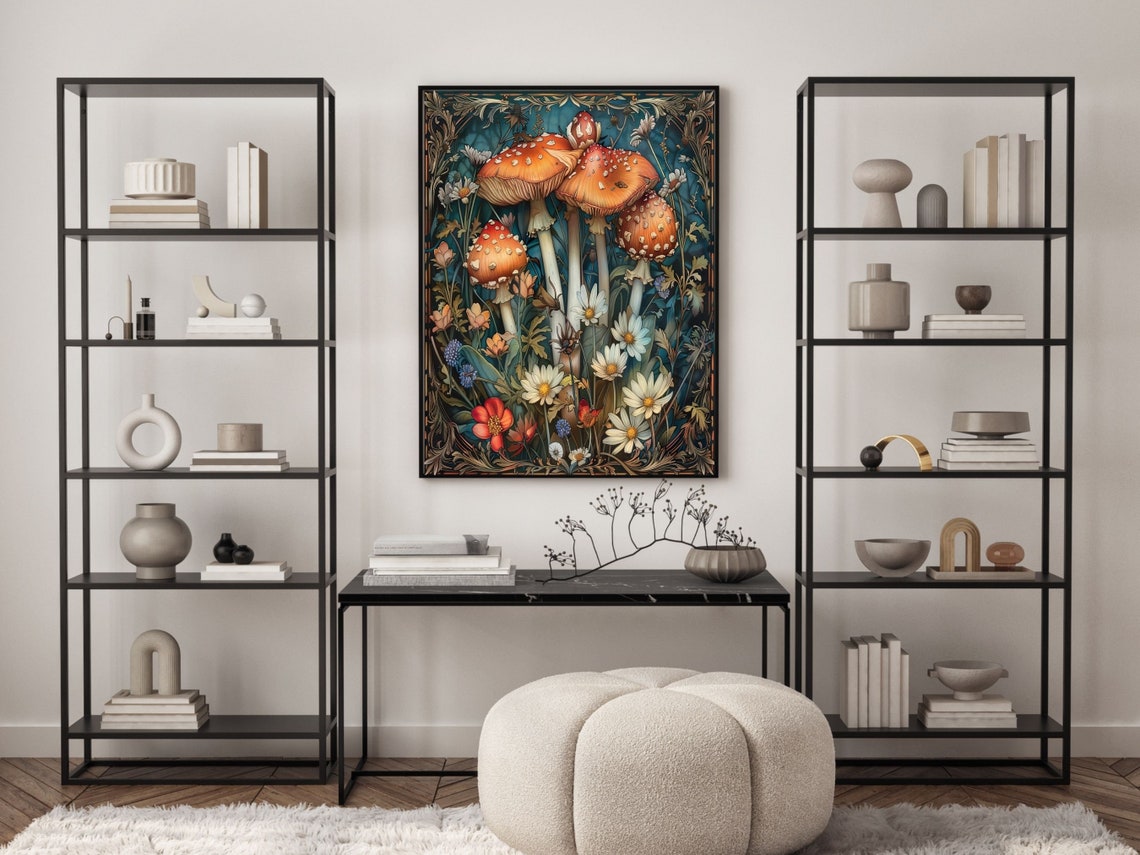 Red Fly Agaric Mushrooms Among Wildflowers Botanical Wall Poster - Image 6