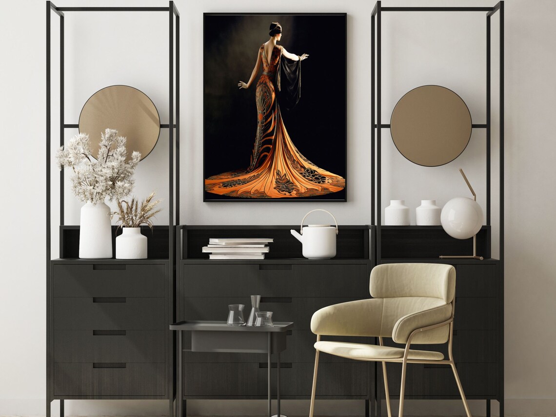 Art Deco Woman From Behind in Flame-Orange Feathered Gown Poster - Image 5