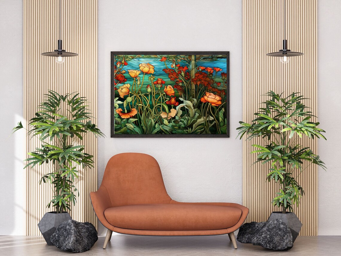 Stained Glass Poppy Field Orange Red Flowers Pond Floral Poster - Image 5
