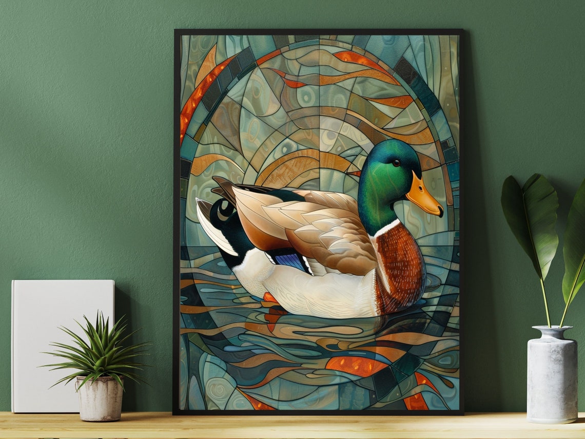 Stained Glass Mallard Duck on Water Art Deco Wildlife Wall Art