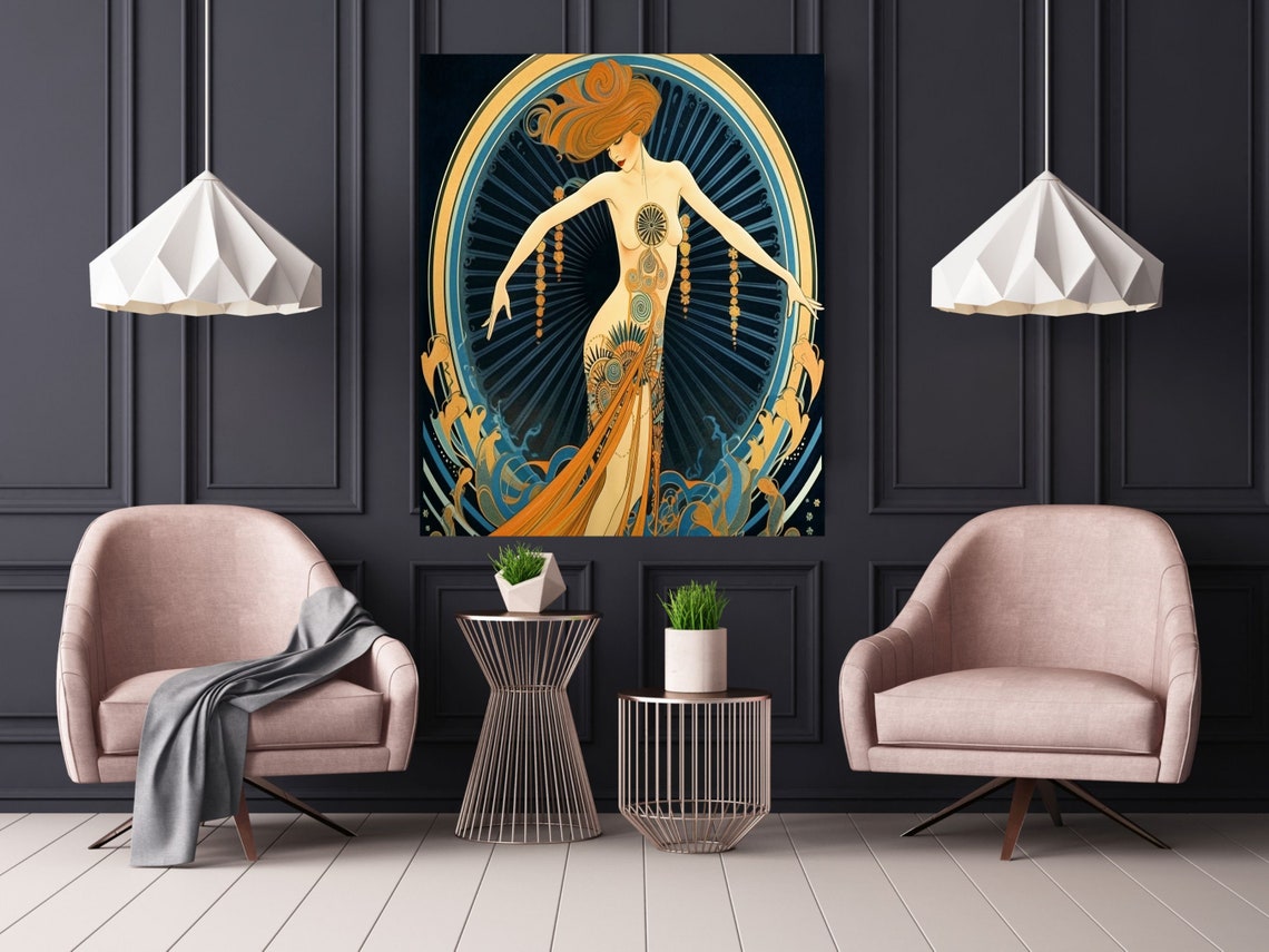 Theatrical Art Deco Erte Style Dancer Peacock Gown Fan Poster - Image 3