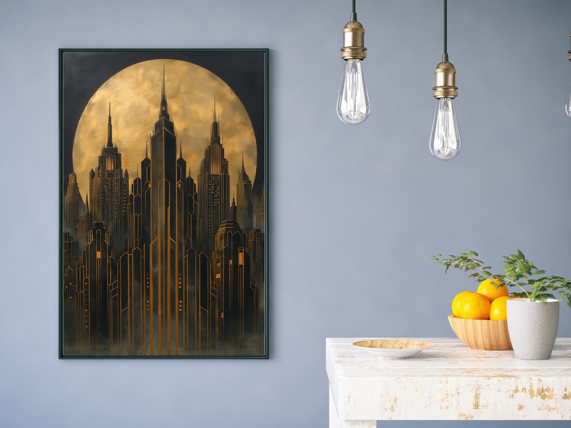 Dramatic Art Deco Skyscrapers At Night Under Golden Full Moon Poster - Image 3