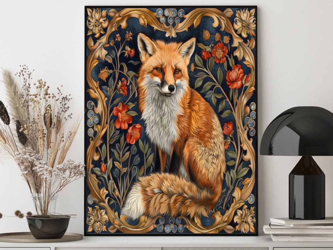 Red Fox Among William Morris Florals in Gold Scrollwork Poster - Image 3
