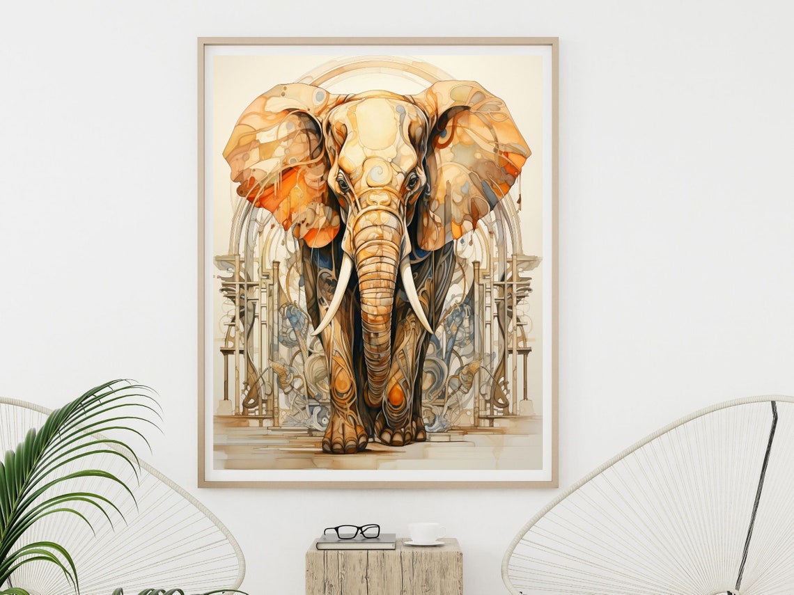 African Elephant Facing Forward Watercolor Safari Scene Wall Art - Image 3