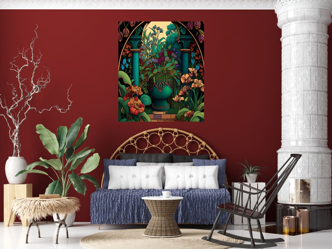 Art Nouveau Garden Urn Between Teal Columns at Dusk in Bloom Poster - Image 4
