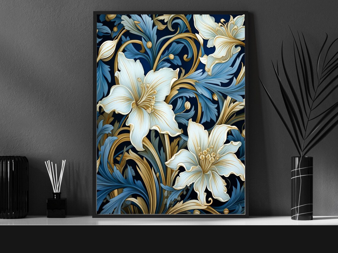 Art Nouveau White Lilies on Deep Navy with Golden Vines Poster - Image 5