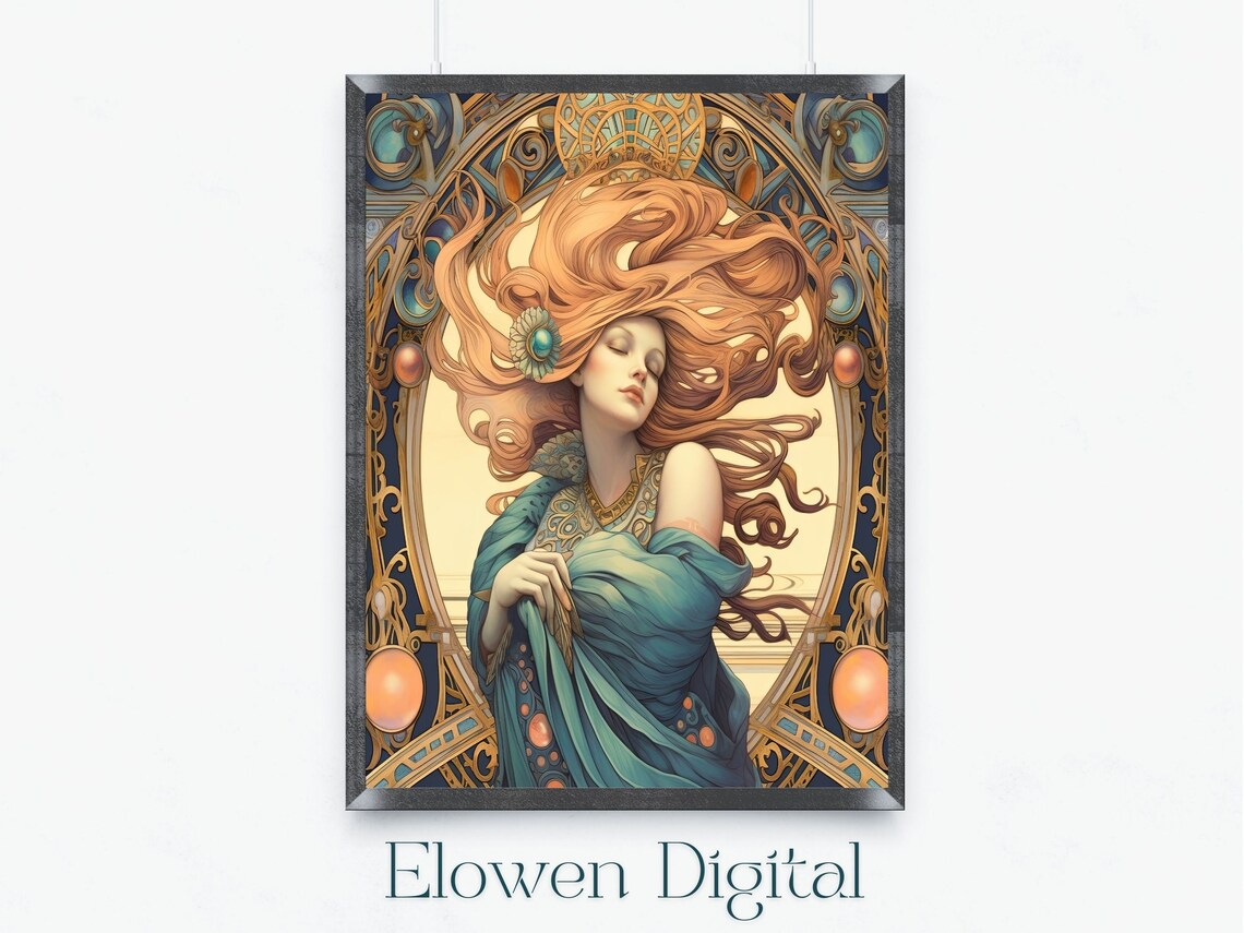 Red Haired Beauty In Teal Gown With Flowing Hair Art Nouveau Wall Art
