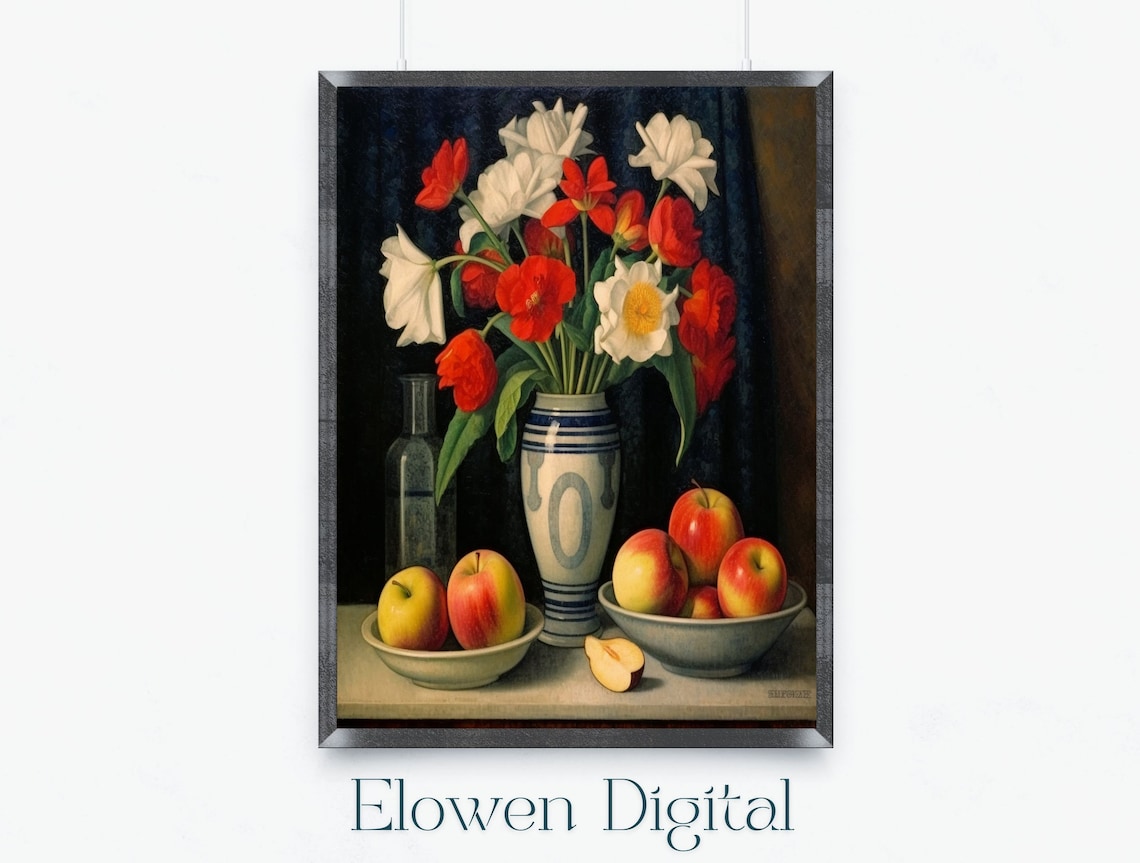 Vintage Still Life Tulips and Apples Kitchen Oil Painting Print