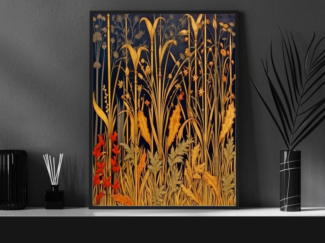 Gilded Golden Reeds Wildflowers Dark Navy Morris Style Wall Art - Image 6