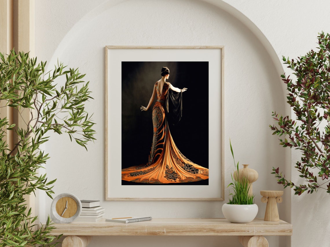 Art Deco Woman From Behind in Flame-Orange Feathered Gown Poster - Image 4