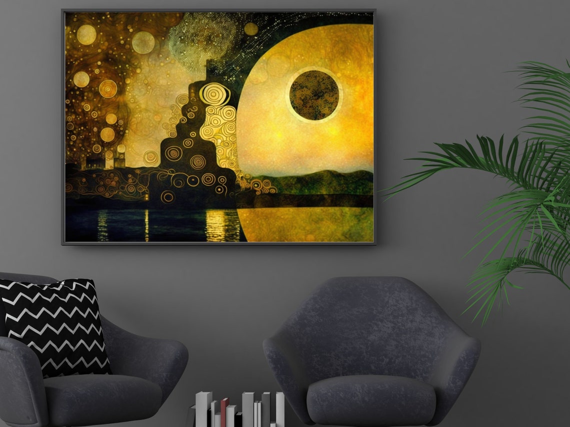 Klimt Style Golden Abstract Landscape With Moon Over Water Poster - Image 2