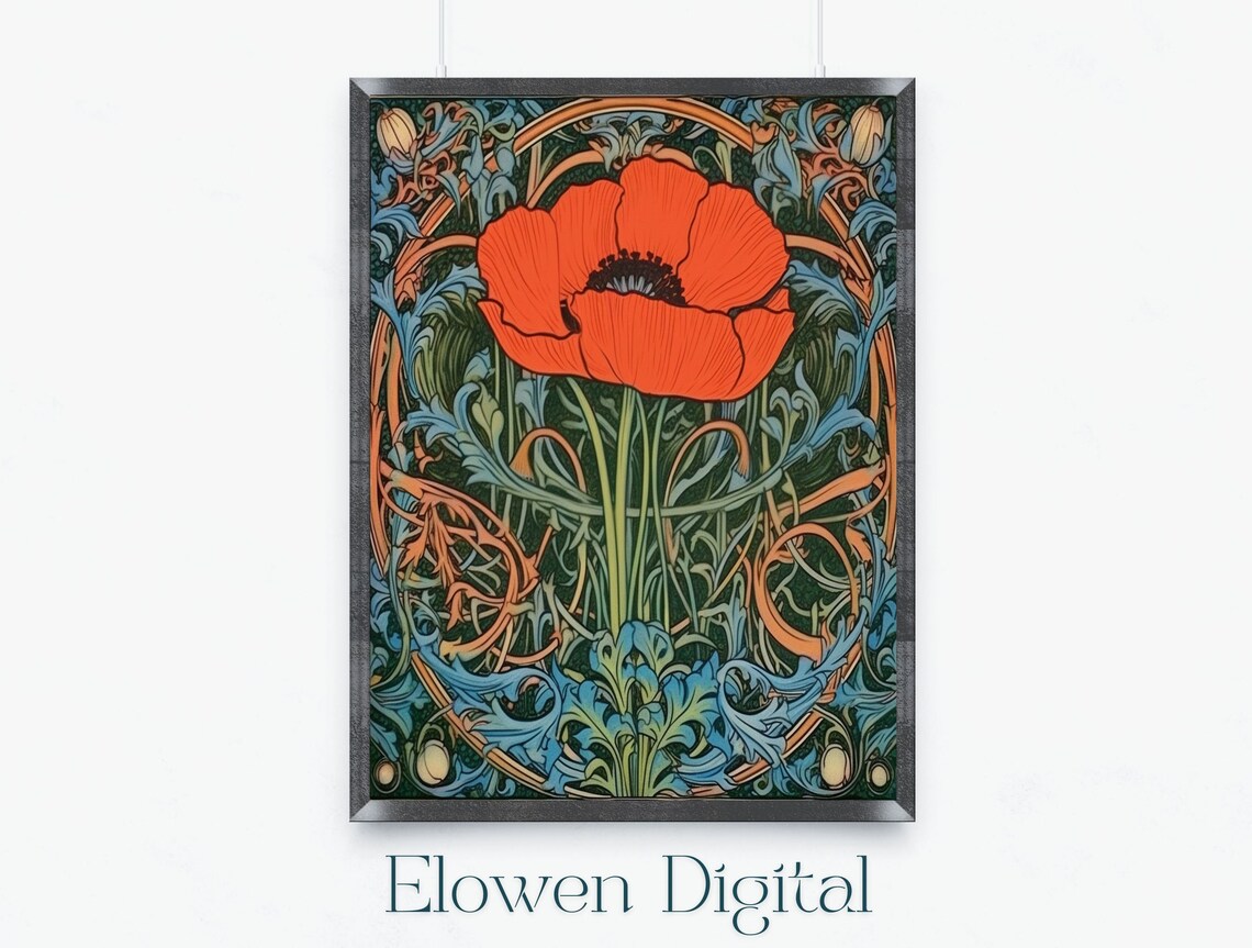 Scarlet Poppy Bloom In Ornate Blue Copper Art Nouveau Frame Wall Art
