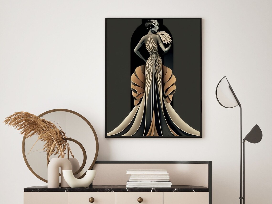 Erté Style Art Deco Woman with Feather Fan in Champagne Gown Poster - Image 4