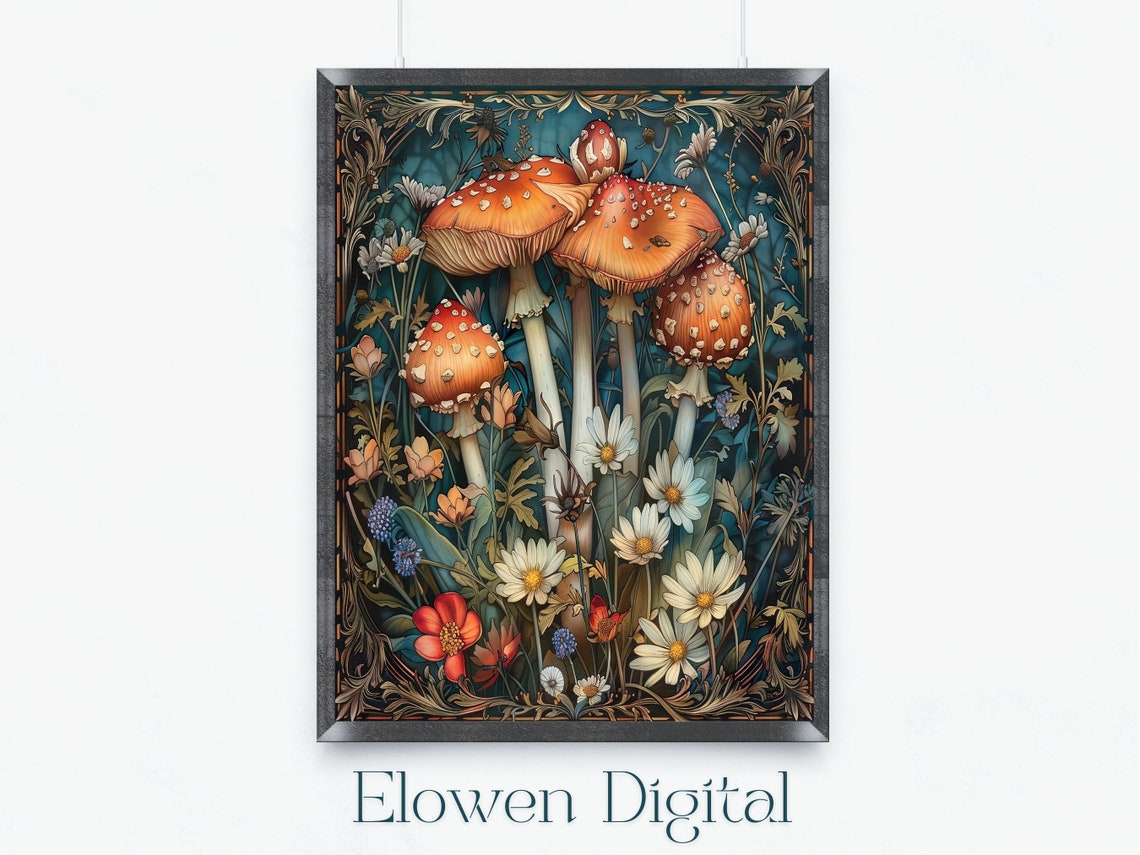 Red Fly Agaric Mushrooms Among Wildflowers Botanical Wall Poster
