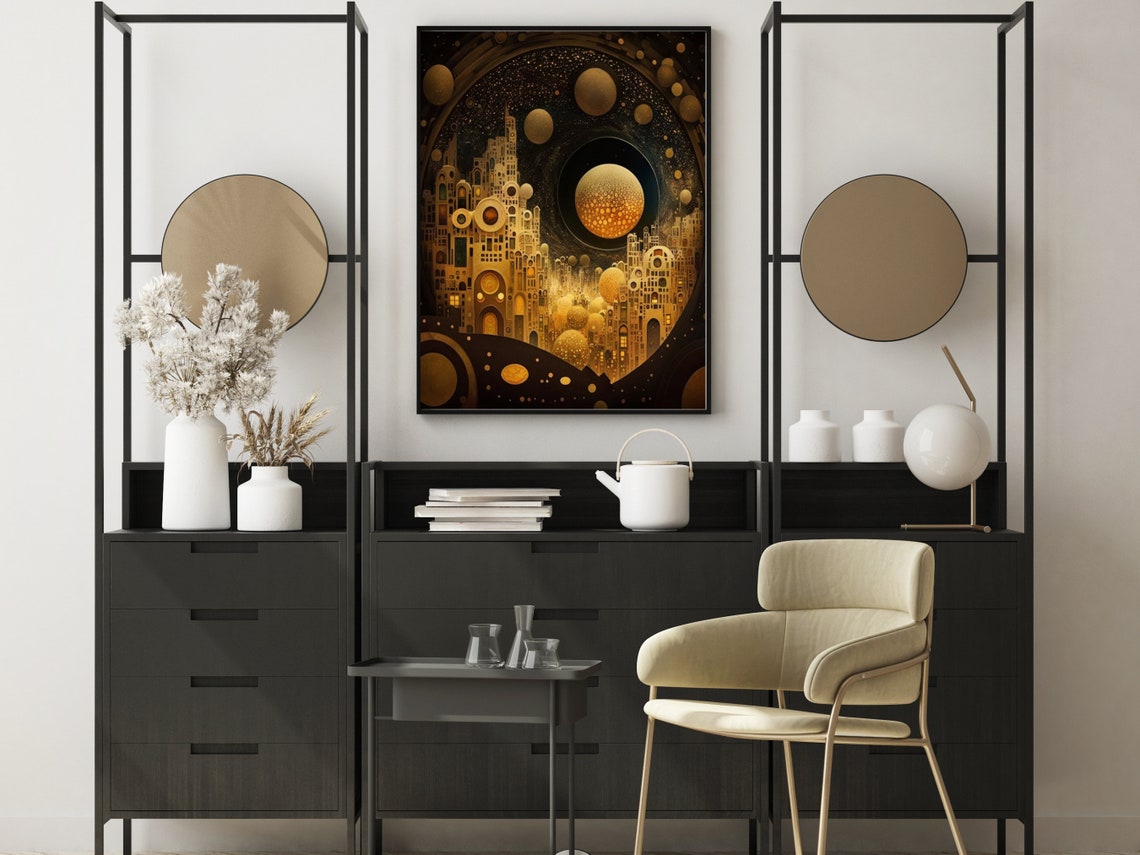 Golden Fantasy Celestial City Orbiting A Giant Planet Art Poster - Image 6