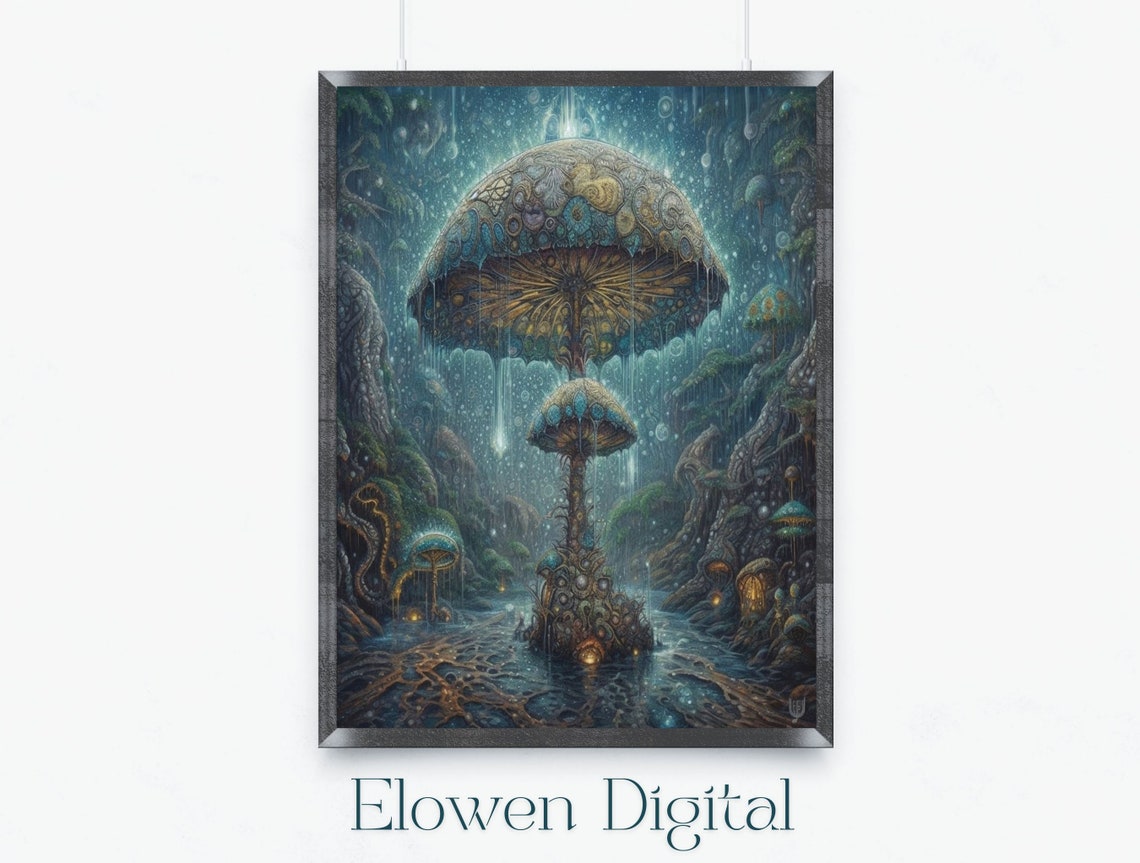 Giant Glowing Magic Mushroom In The Rain Dark Indigo Forest Wall Art