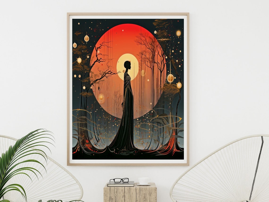 Art Deco Wall Art Red Sun Yellow Moon Art Deco Decor In Red And Black Wall Art Fantasy Art Deco - Image 6