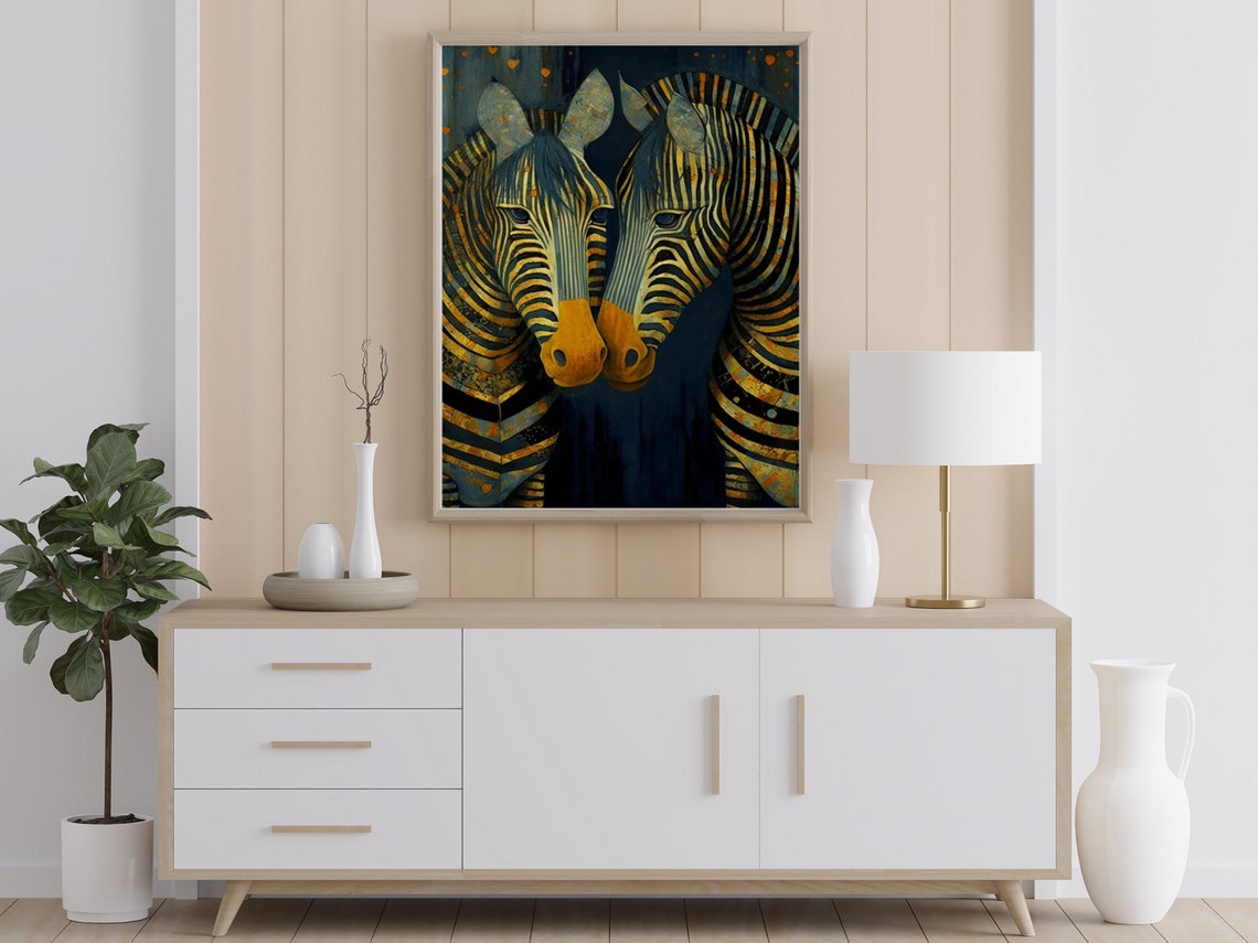 Art Deco Golden Zebra Pair Touching Heads on Midnight Poster - Image 6