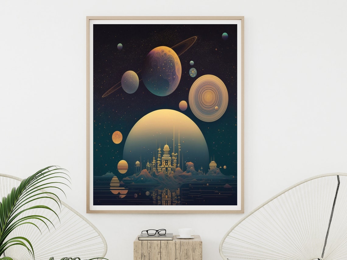 Alien City Beneath Ringed Planets Space Fantasy Art Wall Art - Image 3