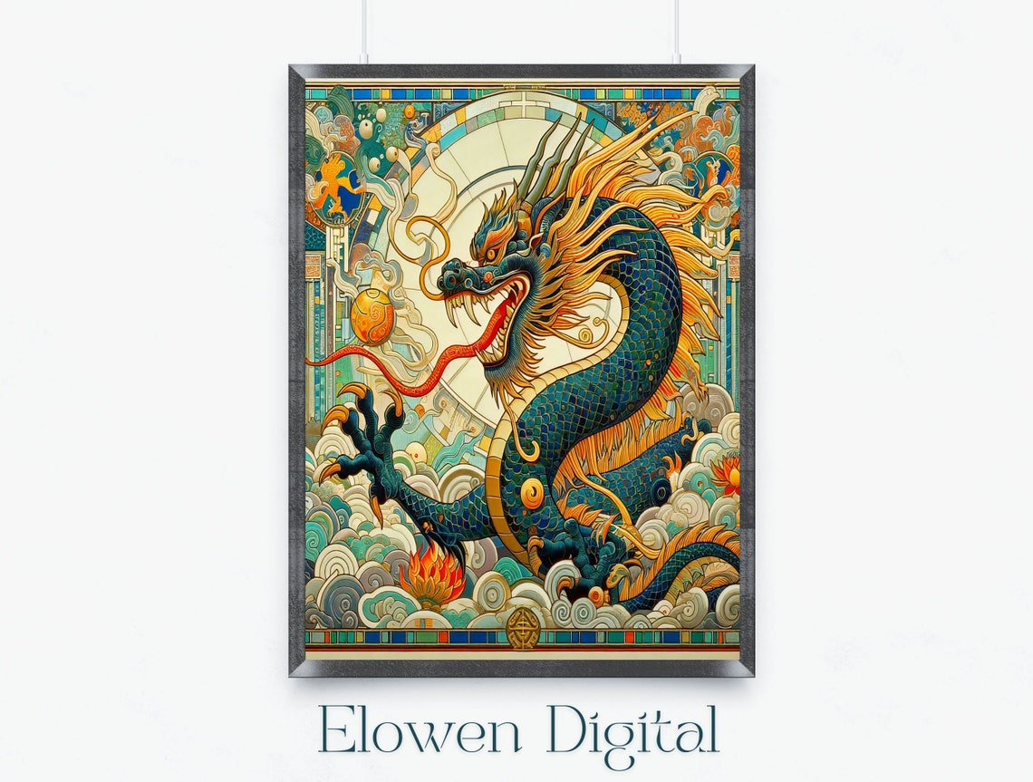 Art Deco Teal Chinese Dragon With Flaming Pearl Scene Wall Art