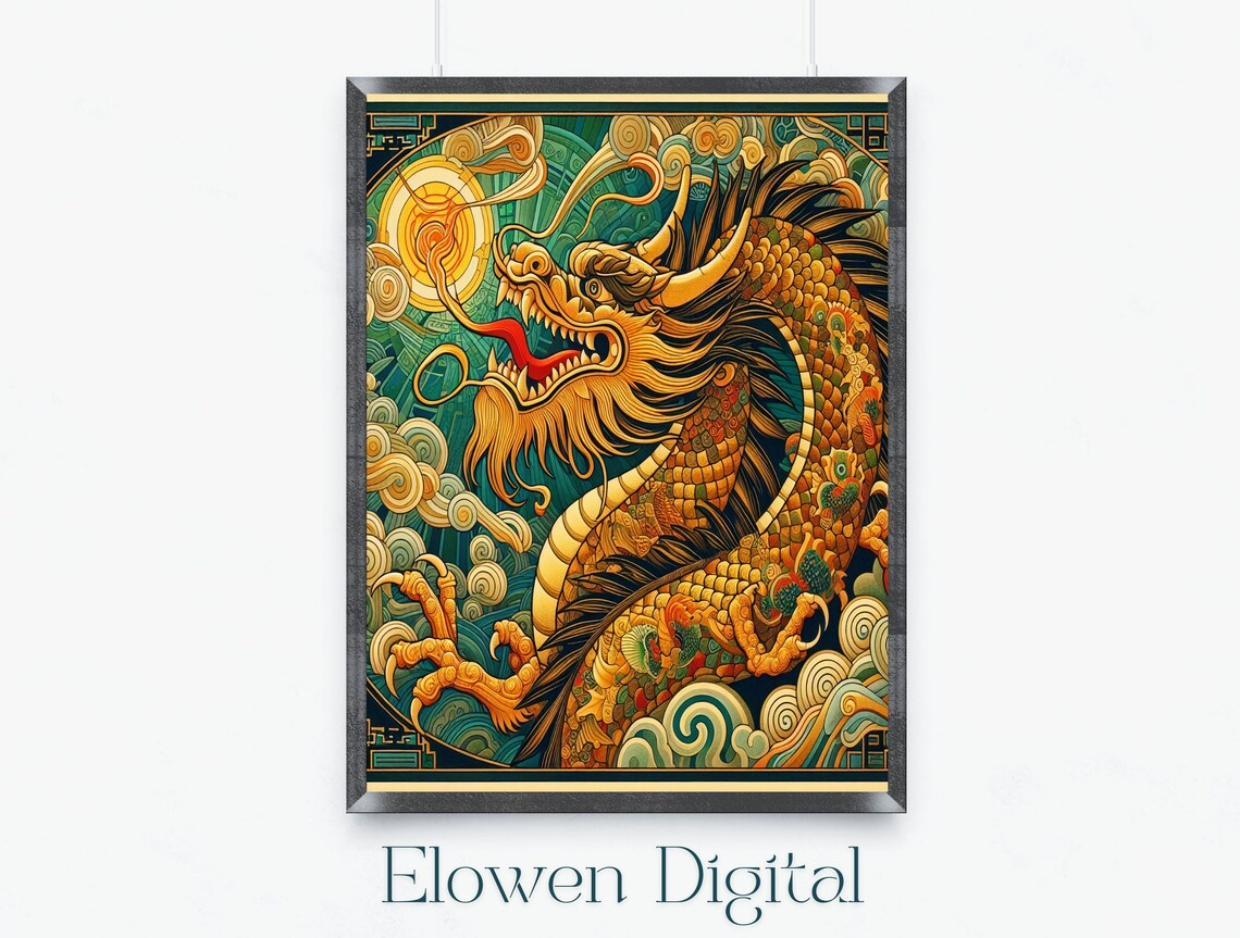 Golden Chinese Dragon With Pearl In Jade Clouds Scene Wall Art