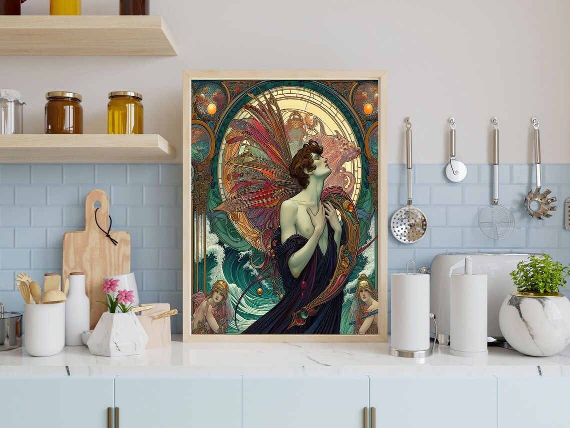 Alphonse Mucha Style Male Water Nymph With Wings and Waves Poster - Image 2