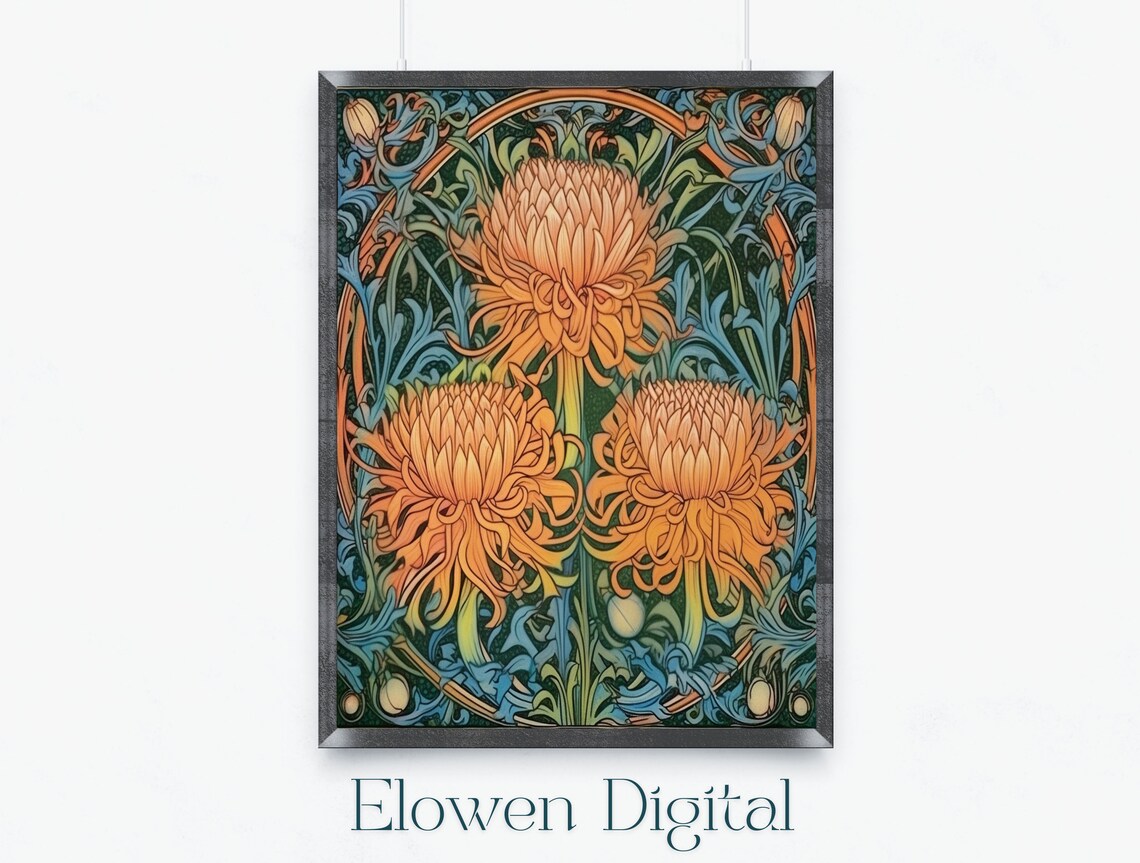 Vibrant Art Nouveau Orange Chrysanthemums Morris Style Wall Art