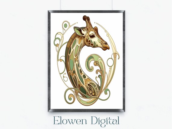 Art Nouveau Giraffe in Sage Green and Gold Scroll Wall Poster