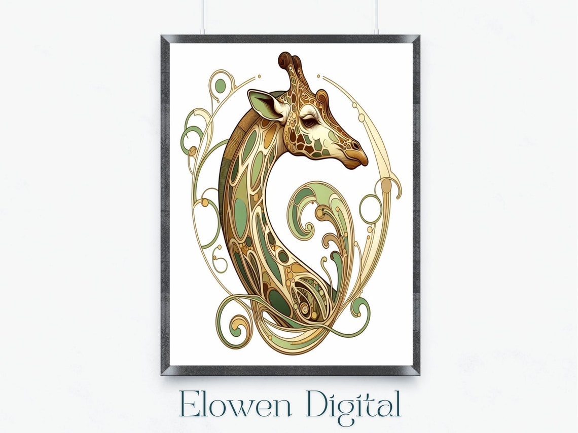 Art Nouveau Giraffe in Sage Green and Gold Scroll Wall Poster