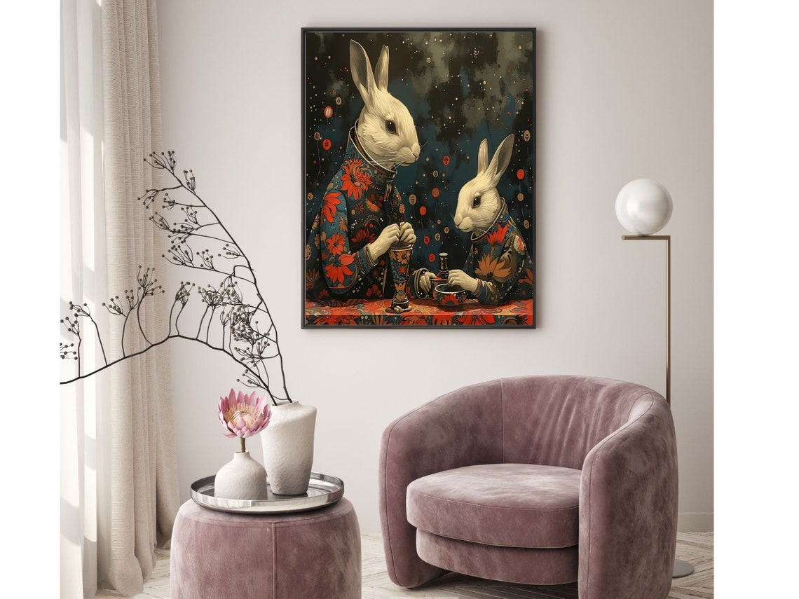 Two White Rabbits Tea Party Under A Starry Lantern Night Sky Wall Art - Image 2