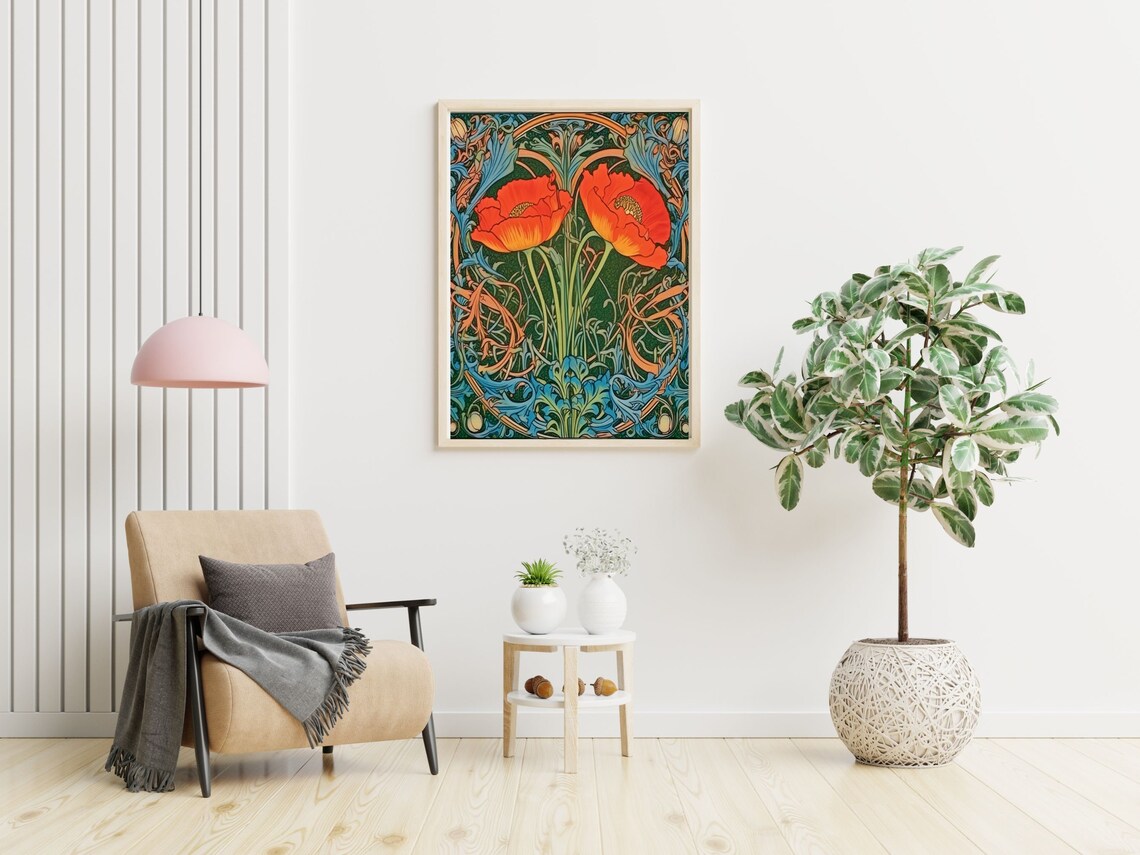 Scarlet Poppies With Blue Green Foliage Morris Style Art Poster - Image 5