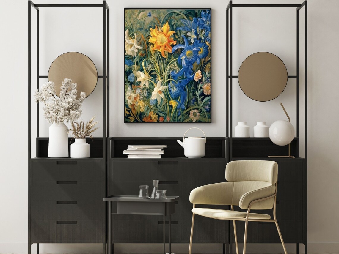 Blue Irises White Lilies Golden Daffodil Botanical Flower Wall Art - Image 2