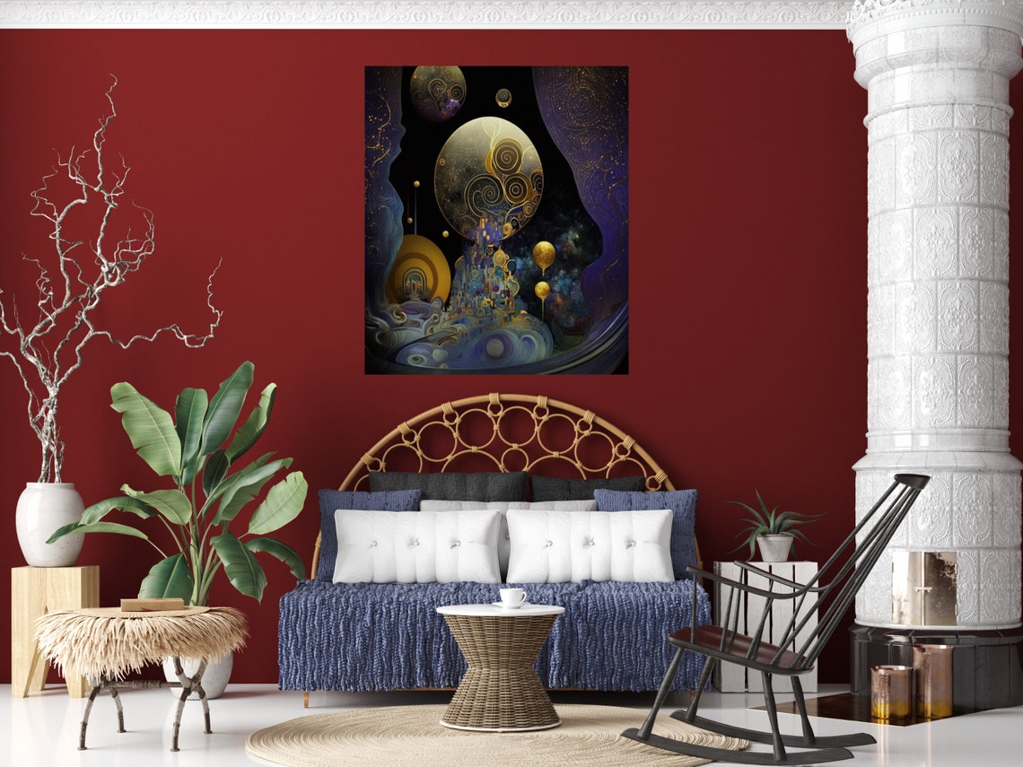 Indigo And Gold Abstract Space Art With Planets And Nebula Poster - Image 4