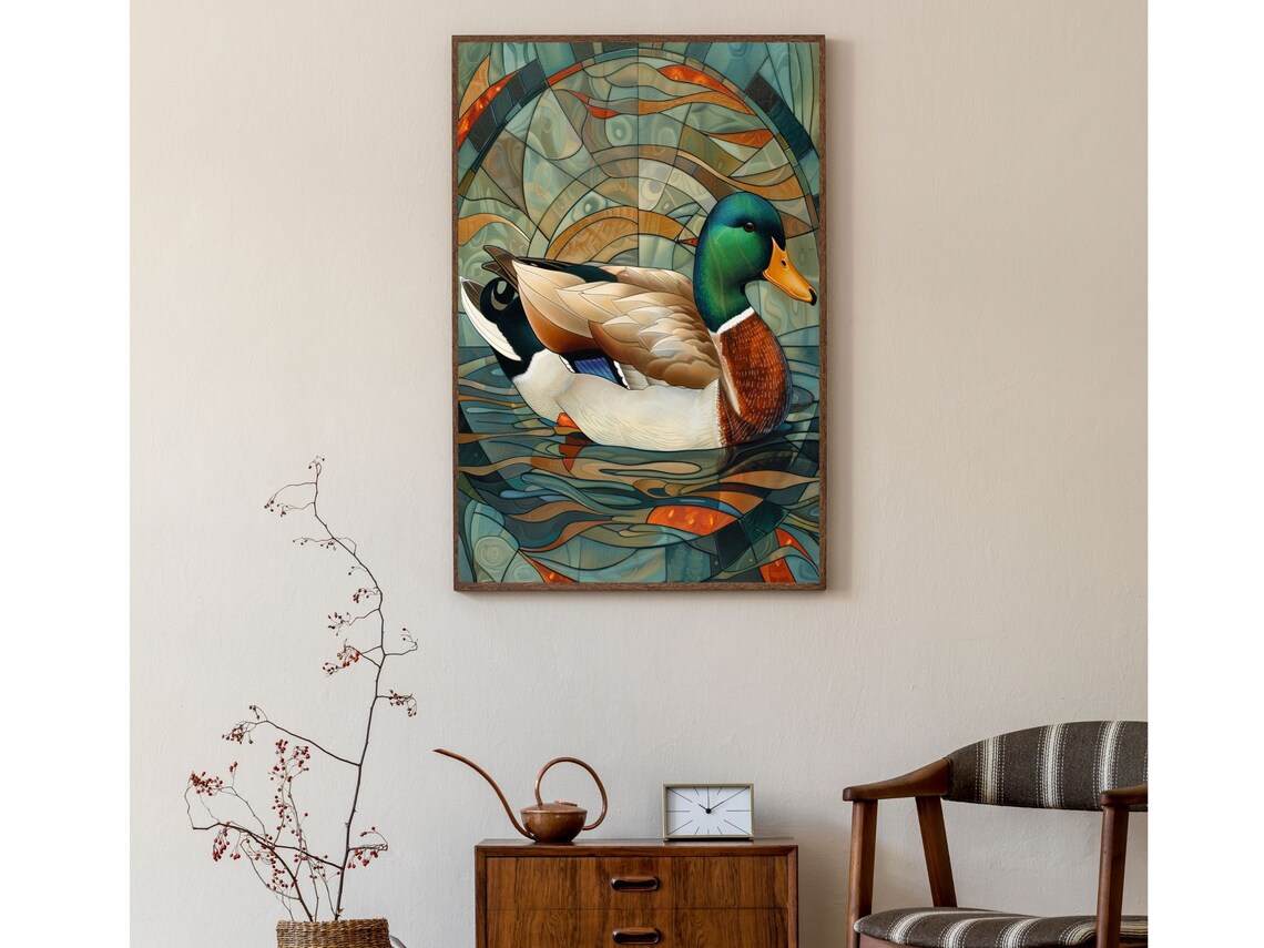 Stained Glass Mallard Duck on Water Art Deco Wildlife Wall Art - Image 6