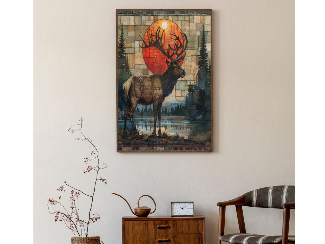 Dramatic Art Deco Elk Red Sunset Mosaic Forest Wildlife Wall Art - Image 3