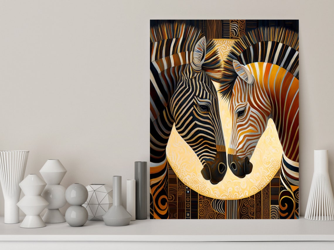 Two Zebra Profiles In Bold Black White And Gold Art Deco Wall Art - Image 6