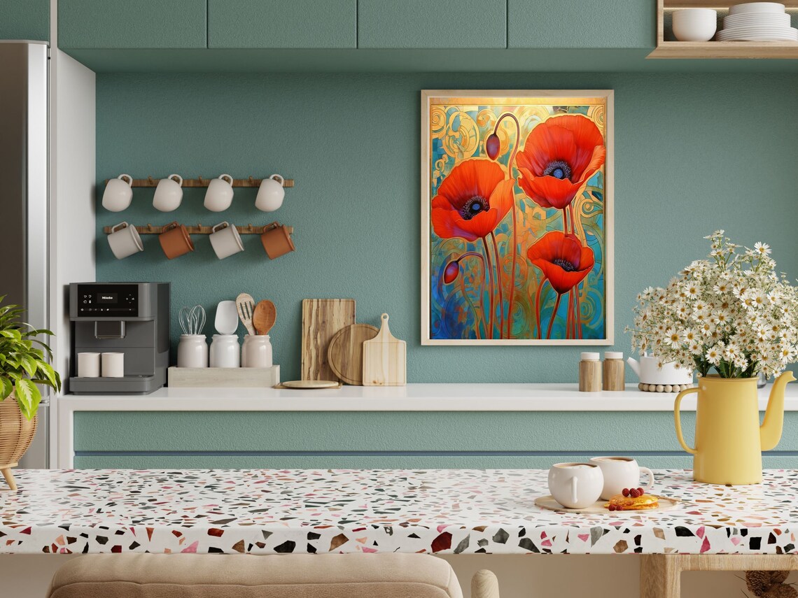 Vibrant Red Poppies Blooming on a Gold Art Nouveau Swirl Poster - Image 2