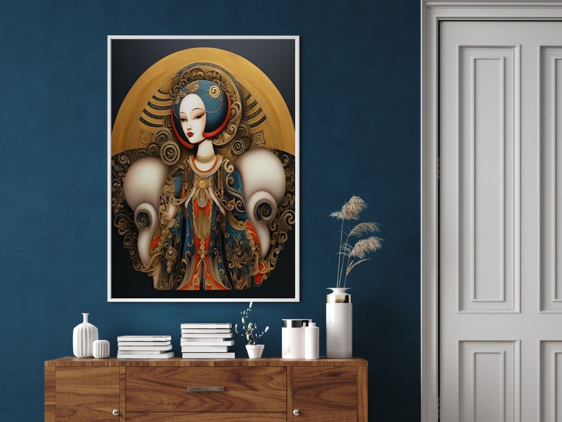 Ornate Art Deco Lady with Golden Halo Robe on Black Art Poster - Image 2