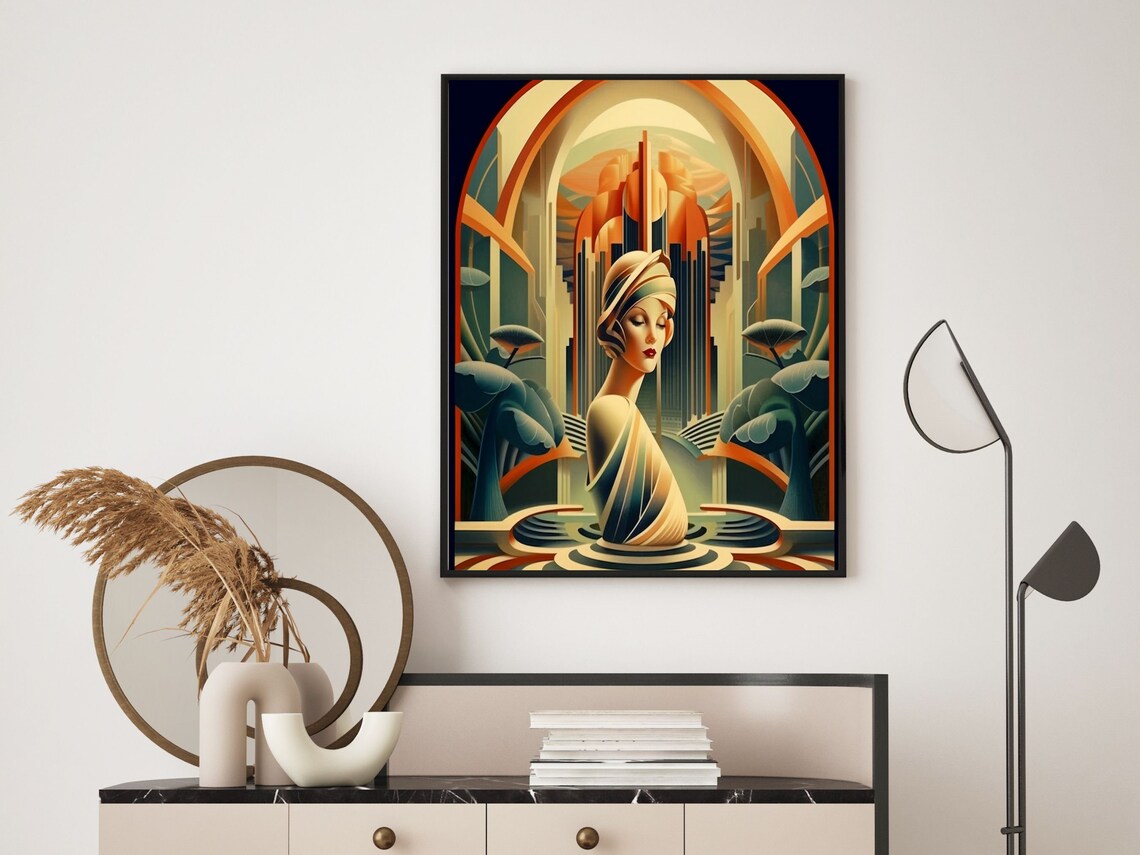 Art Deco Woman Portrait in Golden Retro Futurist City Arches Poster - Image 5