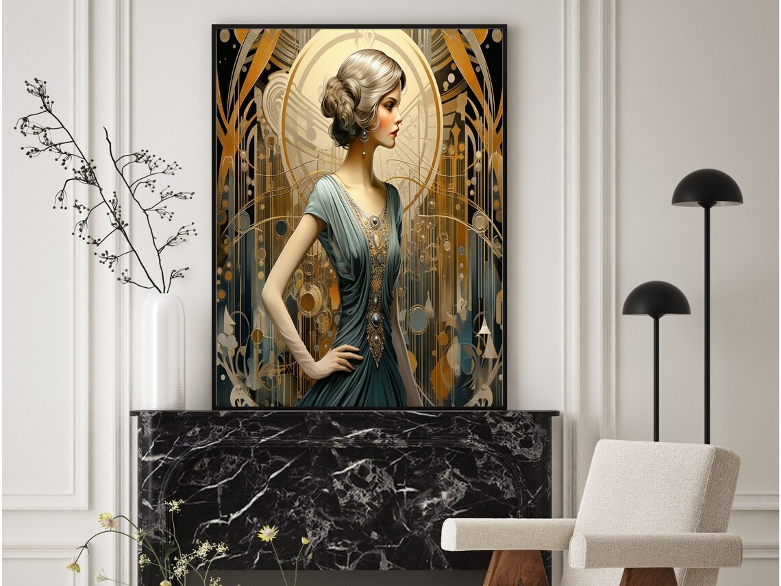 Art Deco Lady in Sage Green Gown with Golden Jeweled Bodice Poster - Image 6